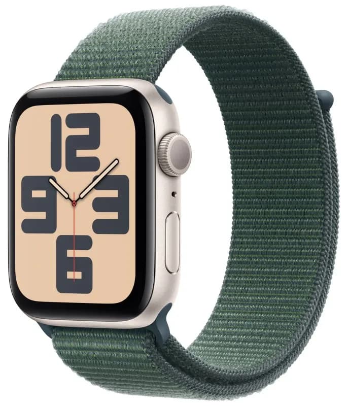 Часы Apple Watch SE (2024), 40 мм, корпус из алюминия цвета «Starlight», ремешок Sport Loop цвета «Lake Green», зелёный — фото 1