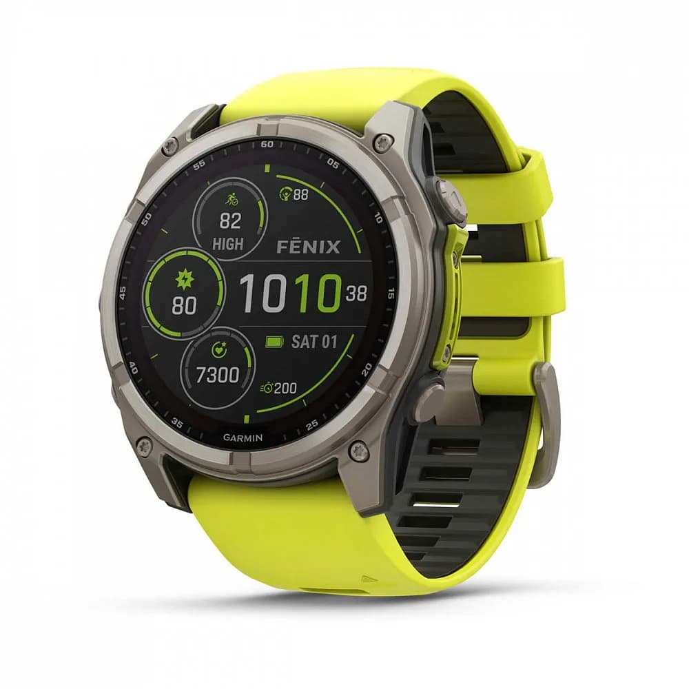 Умные часы Garmin FENIX 8 (010-02907-21) 51 мм Solar Sapphire Carbon Gray DLC Titanium with Amp Yellow/Graphite Silicone Band — фото 1