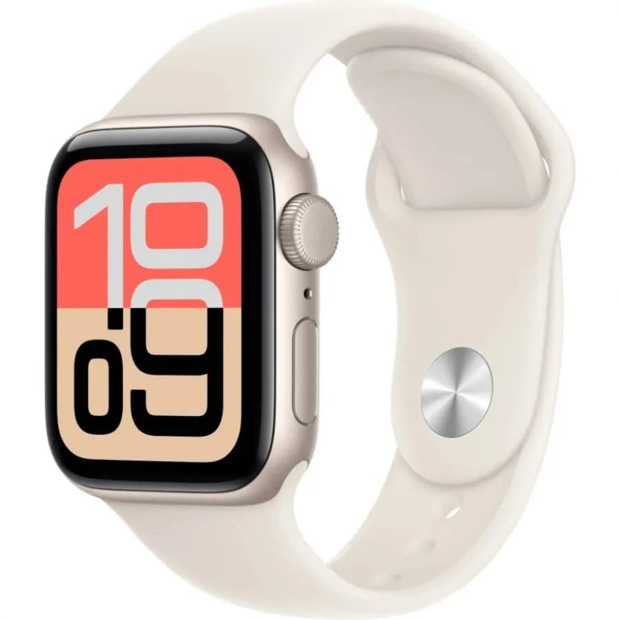 Часы Apple Watch SE 3 (2025), 40 мм, корпус из алюминия цвета «Starlight», ремешок Sport Band цвета «Starlight», «сияющая звезда» — фото 1