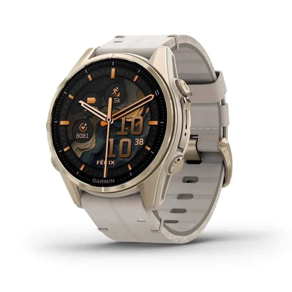 Умные часы Garmin FENIX 8 (010-02903-40) 43 мм Amoled Sapphire Soft Gold Stainless Steel Fog Gray Leather Band+Fog Gray/Dark Sandstone — фото 1