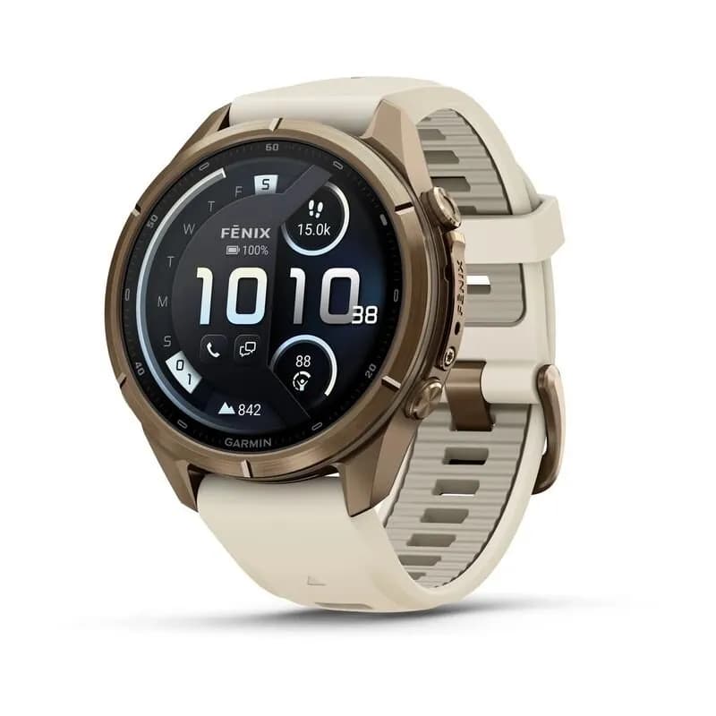 Умные часы Garmin FENIX 9 Pro (010-04335-21) 43 мм, AMOLED, inReach, LTE, титановый золотой, кремовый силиконовый ремешок — фото 1